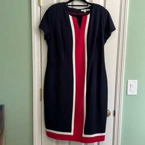 Boden figure flattering sheath dress us 16/uk 20 navy with pink & white details